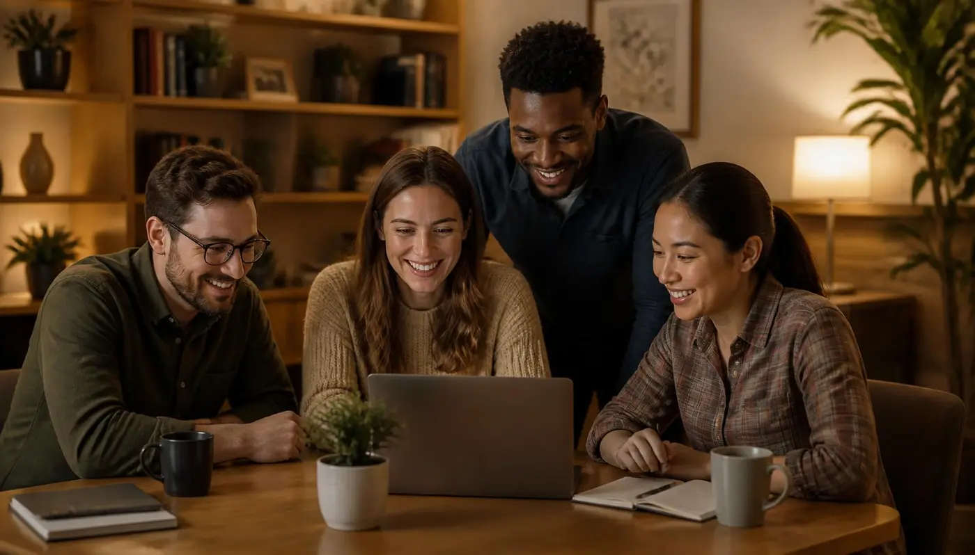 A small team gathered happily around a laptop in a warm, homely office