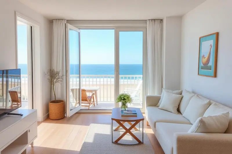 Bright Cornish coastal apartment with balcony overlooking a sandy beach and blue sea