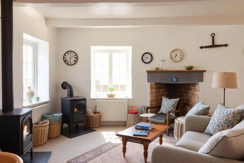 Cosy Cornish coastal cottage living room with wood burner and whitewashed walls