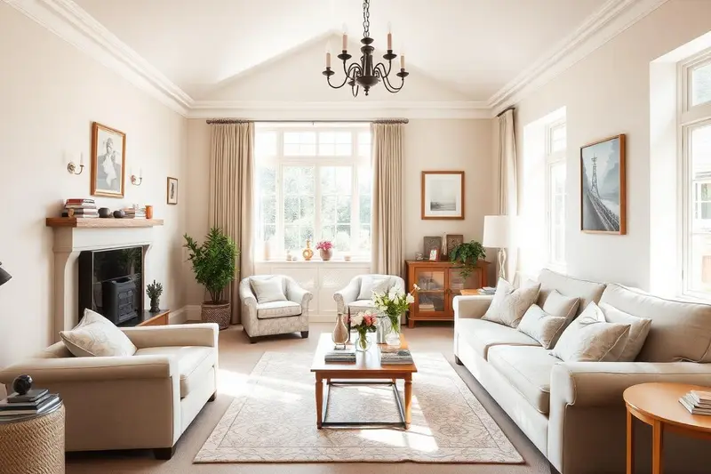 Bright family home living room with neutral furnishings and warm daylight in Wolverhampton