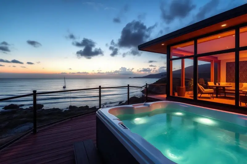 Luxury Cornish coastal retreat with outdoor hot tub on a terrace overlooking the sea at dusk