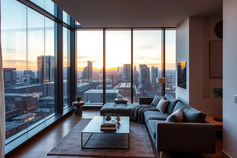 Modern apartment living room with floor to ceiling windows and city views in Exeter
