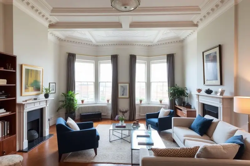 Period property interior with high ceilings, cornicing and sash windows in Hackney